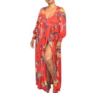 Vintage Cinandre Robe Red Floral Wrap Leisure Lingerie 70s Long Maxi Nylon Small